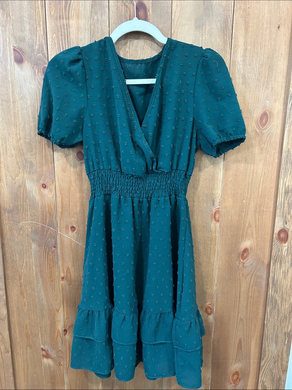 Smocked Waist hunter green Puff Sleeve Tiered Dress womens small
